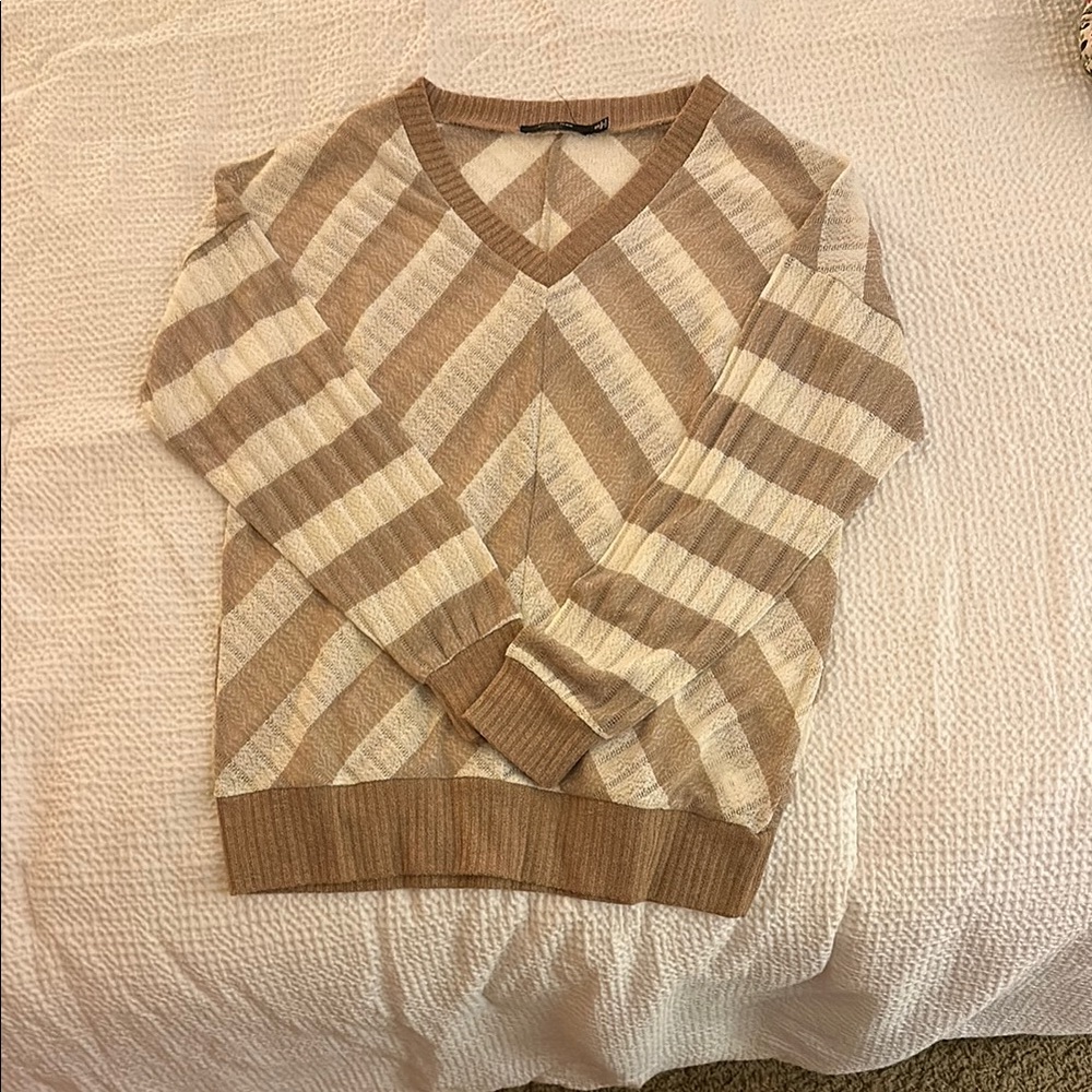Womens Beige and White Striped Sweater